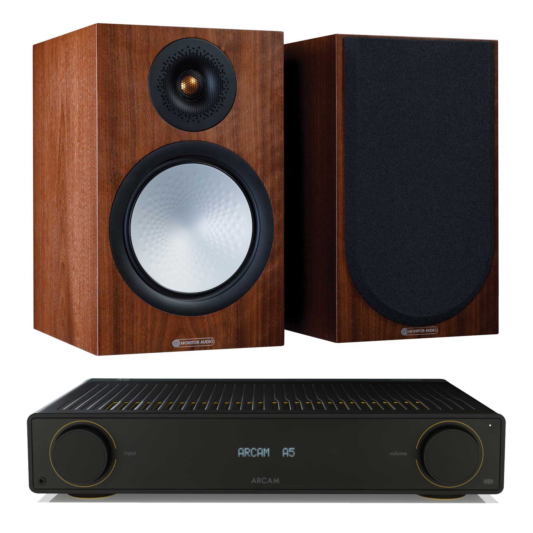 Arcam A5 with Monitor Audio Silver 100 Walnut