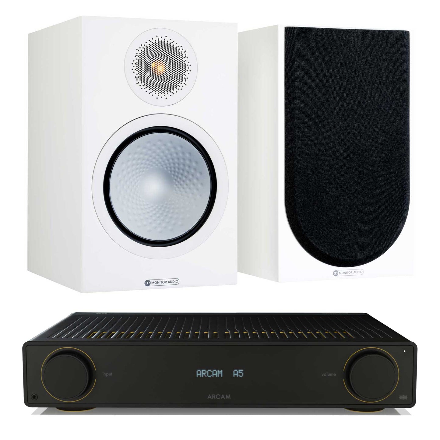 Arcam A5 with Monitor Audio Silver 100 Satin White