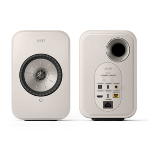 KEF LSX II LT Stone White Front and Rear View