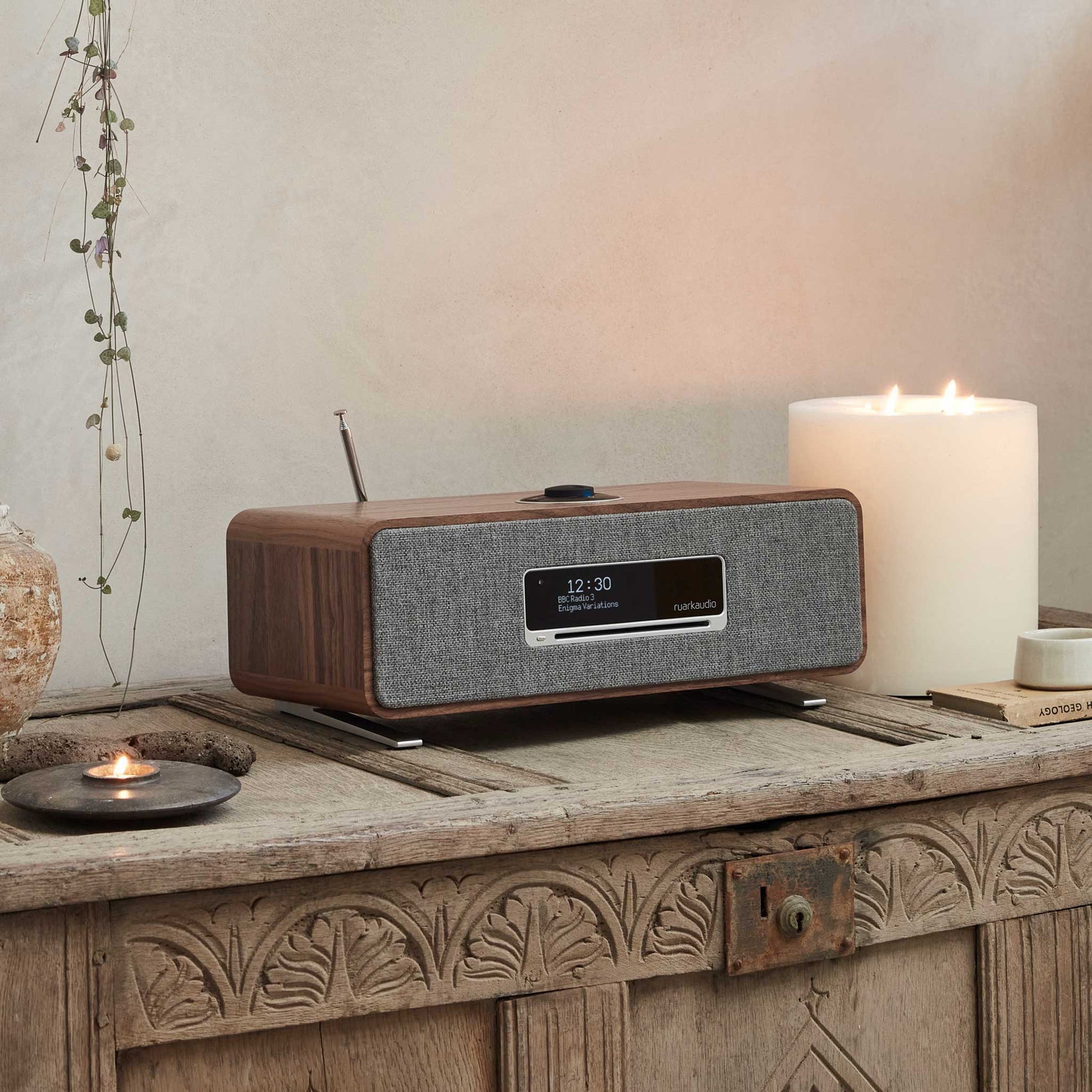 Ruark Audio R3S Walnut on sideboard